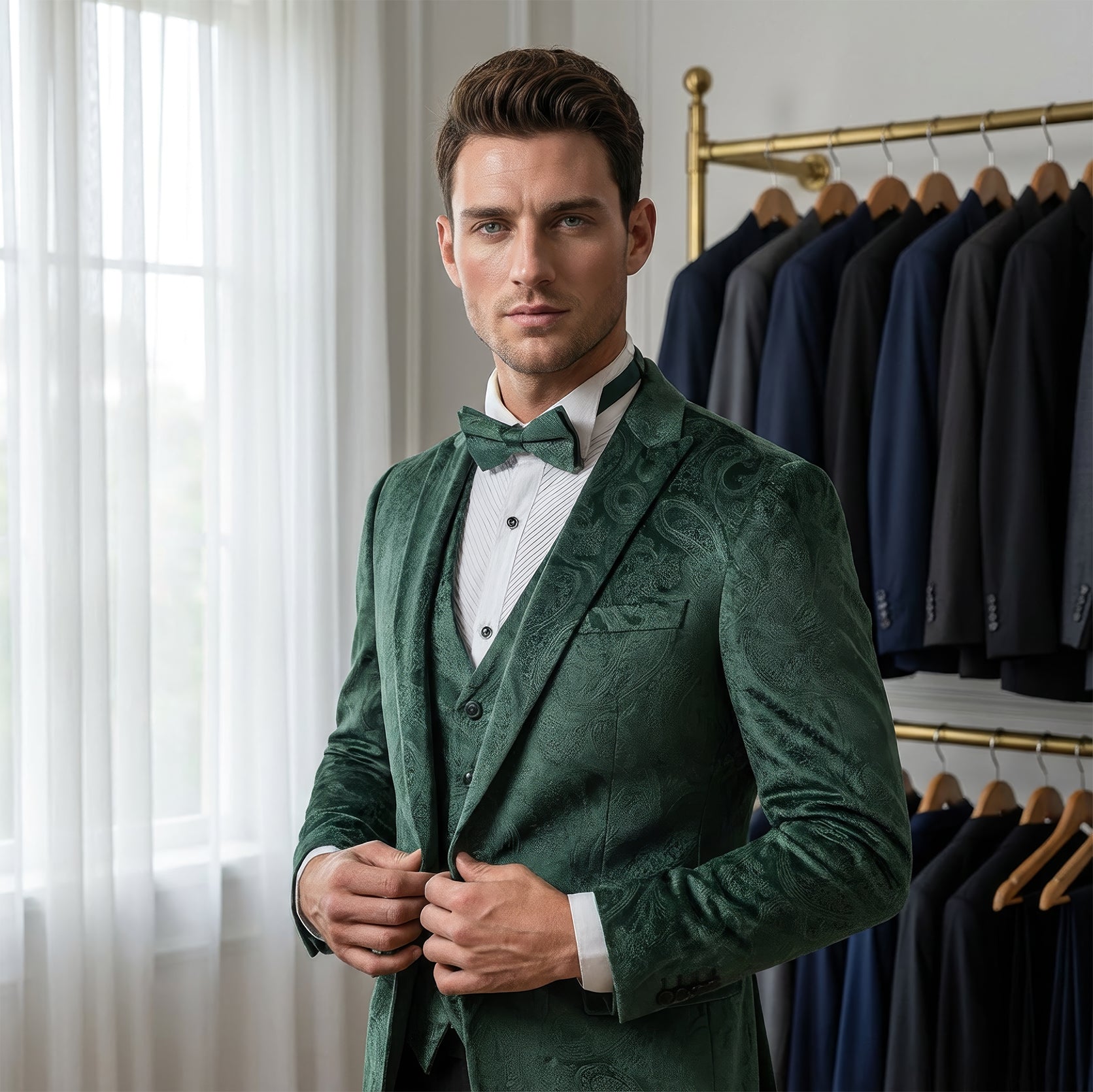 Emerald Green Velvet Paisley Suit